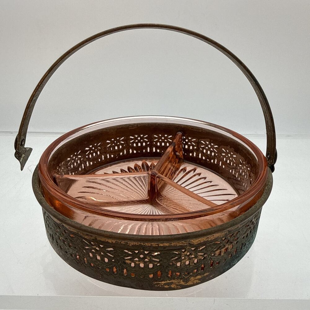 1930s Pink Depression Glass Divided Relish Candy Snack Dish in Copper Basket ⬇️